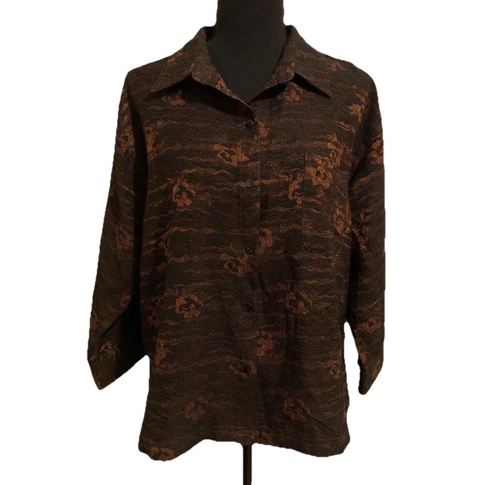 CHICOS DESIGN Size 2 Womens Large L Top Black Brown Shacket Vintage 3/4 Sleeves